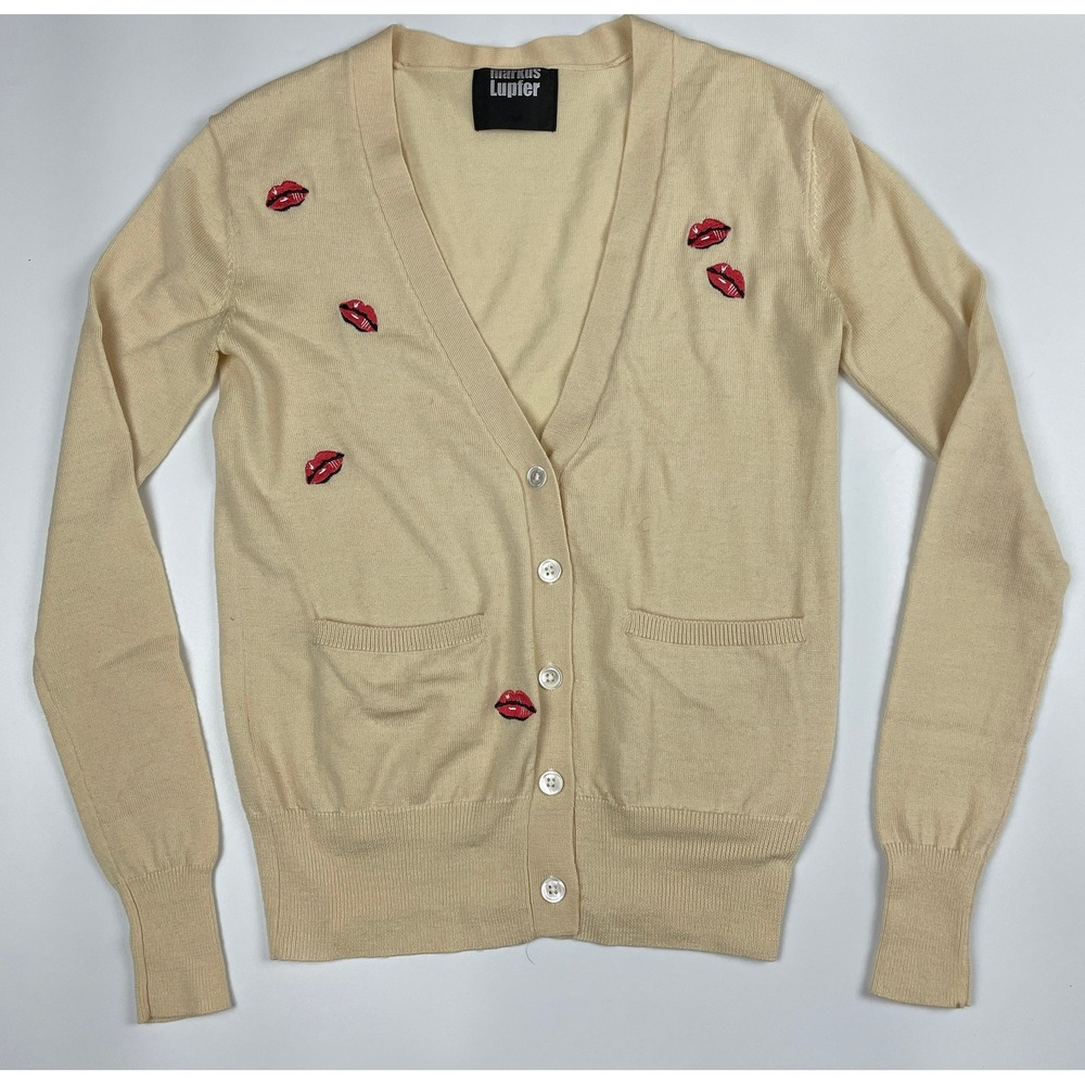 Markus Lupfer Cream Merino Wool Embroidered Lips Cardigan Sweater Small